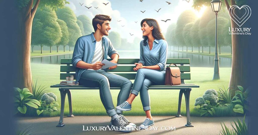 Engaging First Date Topics to Talk About: Young couple engaging in conversation on a park bench | Luxury Valentine's Day