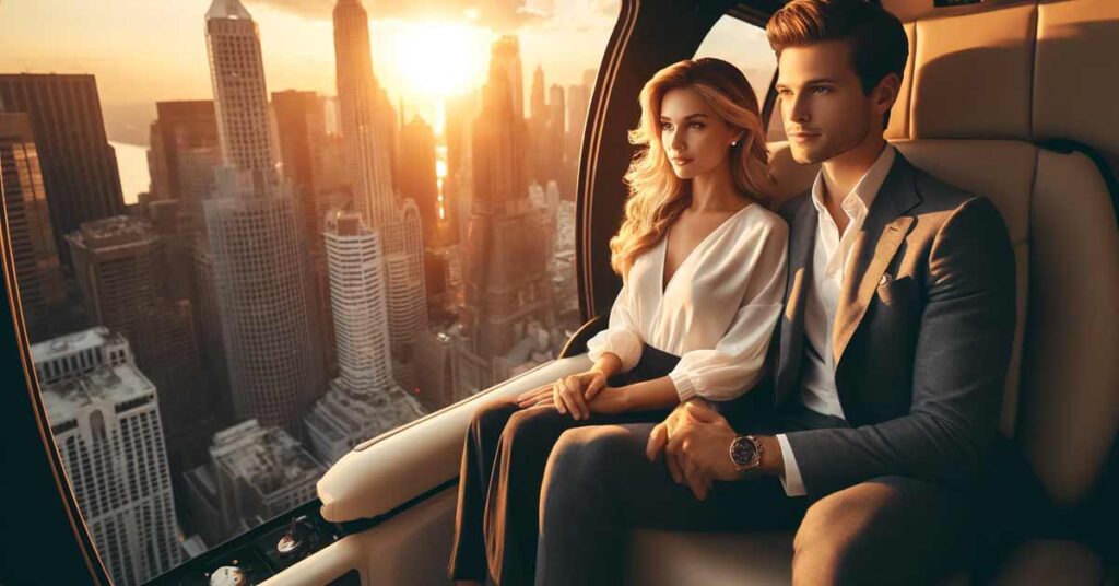 Expensive Third Date Ideas : Couple enjoying a private helicopter tour over a city skyline | Luxury Valentine's Day