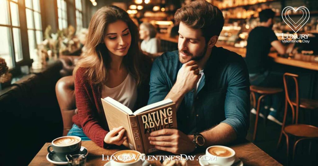 FAQs 2nd Date Ideas : Couple consulting a dating advice book in a cozy café | Luxury Valentine's Day