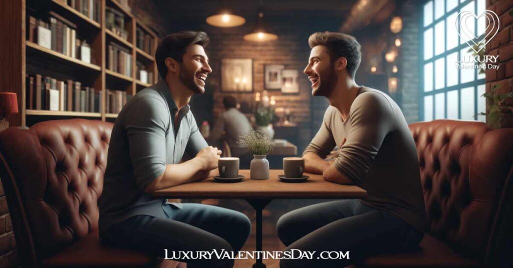 FAQs Do's and Don'ts in First Date : Gay couple laughing over coffee on a first date | Luxury Valentine's Day