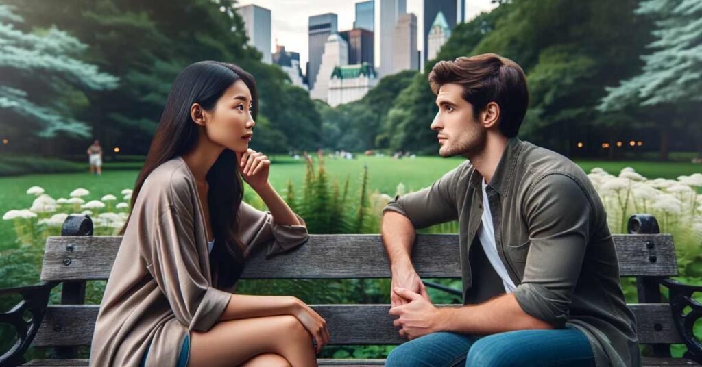 FAQs Third Date Ideas : Diverse couple engaged in deep conversation on a park bench | Luxury Valentine's Day