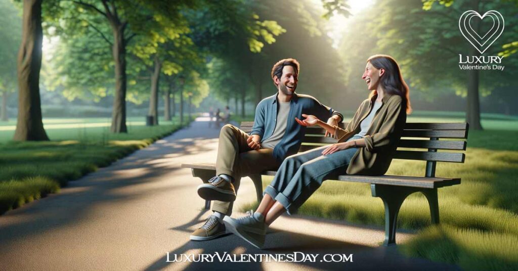 First Date Conversation Tips : Two people laughing and talking on a park bench. | Luxury Valentine's Day