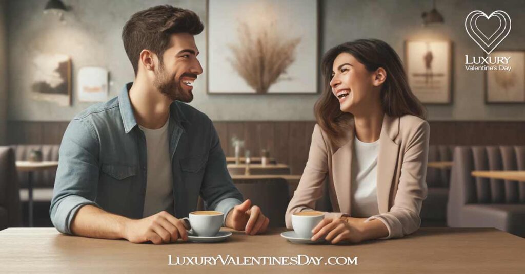 First Date Do's and Don'ts : Young man and woman laughing on a first date in a cozy coffee shop | Luxury Valentine's Day