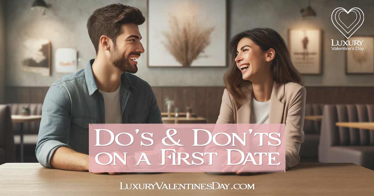 First Date Do's and Don'ts : Young man and woman laughing on a first date in a cozy coffee shop | Luxury Valentine's Day