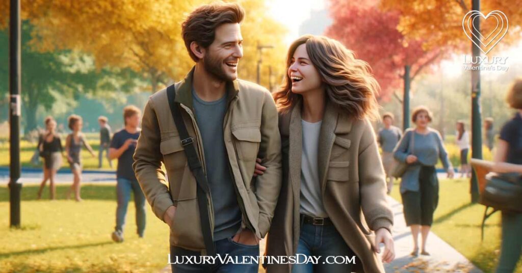 First Date Questions : Couple walking and talking in an autumn park. | Luxury Valentine's Day