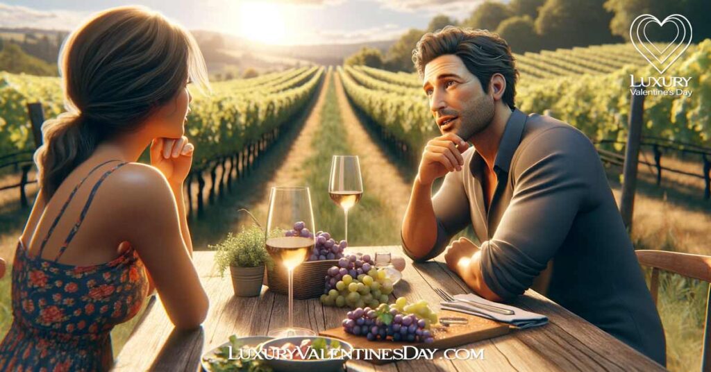 First Date Questions to Ask Her : Man asking a woman a question during an outdoor lunch at a vineyard. | Luxury Valentine's Day