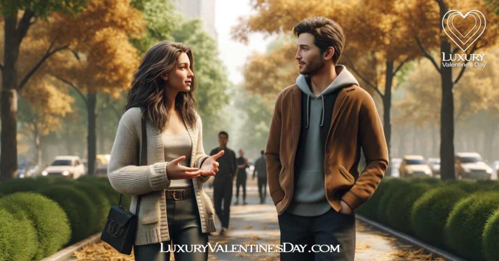 First Date Questions to Ask Him : Couple conversing while walking in a city park. | Luxury Valentine's Day