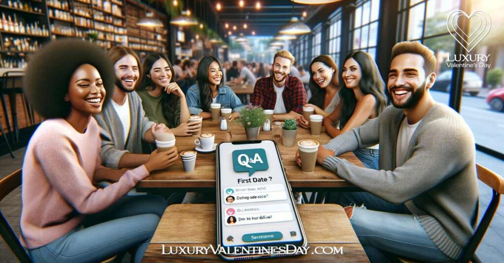 First Date Tips FAQs: Diverse friends sharing dating advice at a cafe | Luxury Valentine's Day