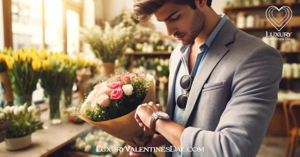First Date Tips for Men: Man picking up flowers at a florist before a 1st date | Luxury Valentine's Day