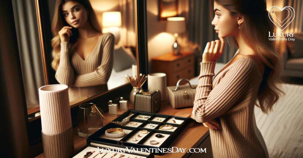First Date Tips for Women: Young woman checking her reflection in a mirror | Luxury Valentine's Day