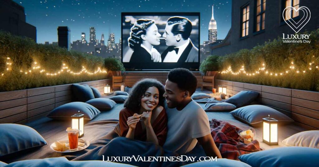 Flirty First Date Questions : Couple at a rooftop garden cinema. | Luxury Valentine's Day
