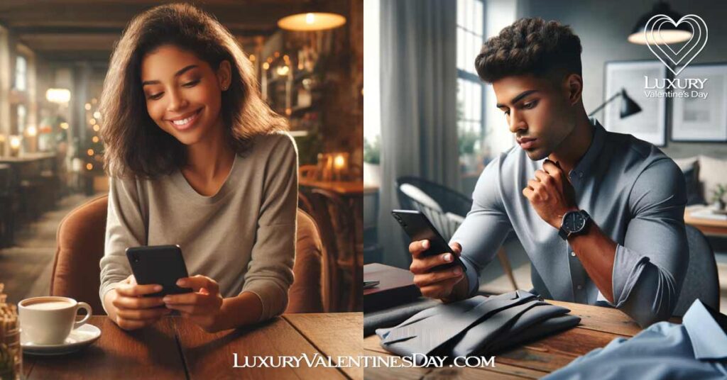 Follow Up Etiquette for a 1st Date: Young manand woman composing a follow-up message after their first date | Luxury Valentine's Day