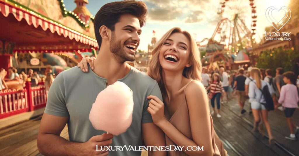 Fun Dating Questions : Couple at a theme park sharing cotton candy. | Luxury Valentine's Day