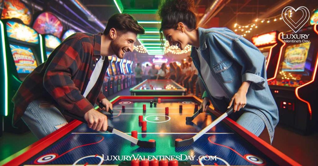 Fun Third Date Ideas and Activities : Couple playing air hockey in an arcade | Luxury Valentine's Day