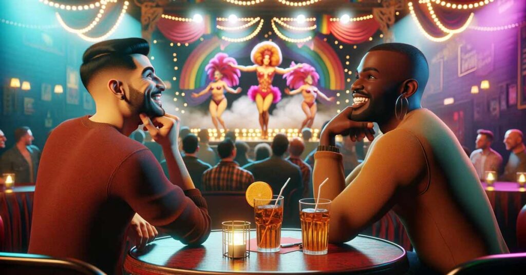 Gay and Lesbian Third Date Ideas : Two men enjoying a drag show at a vibrant LGBTQ+ club | Luxury Valentine's Day