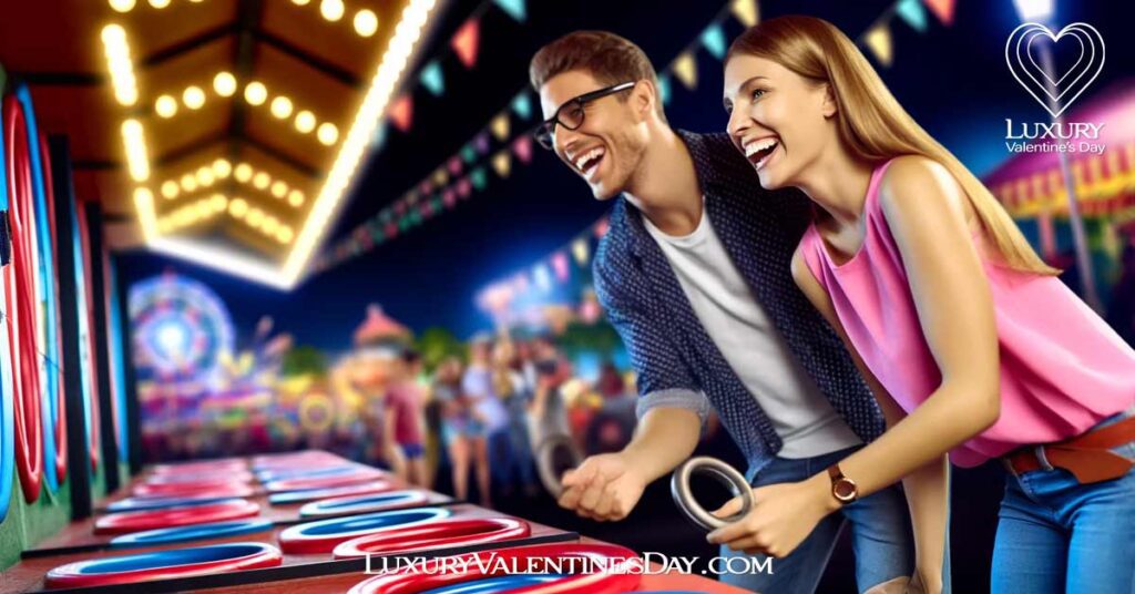 Ice Breaker Questions for Dating : Couple at an amusement park playing ring toss. | Luxury Valentine's Day