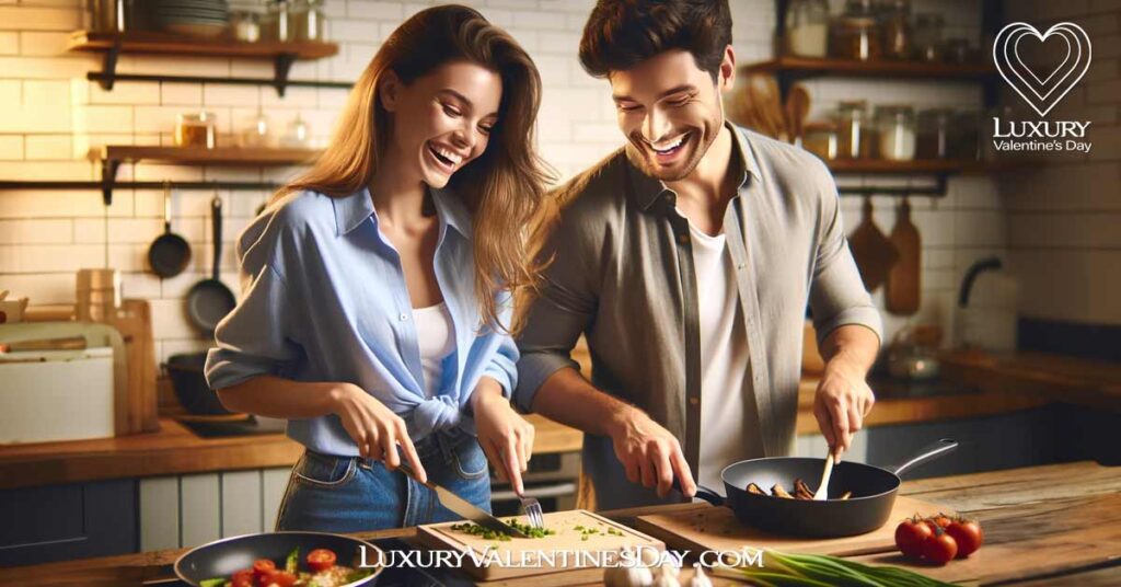 Level Up Your First Date Game : Couple cooking together during a gourmet cooking class on their first date | Luxury Valentine's Day
