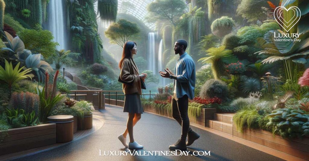 Mastering First Date Conversations : Couple walking through a lush botanical dome. | Luxury Valentine's Day