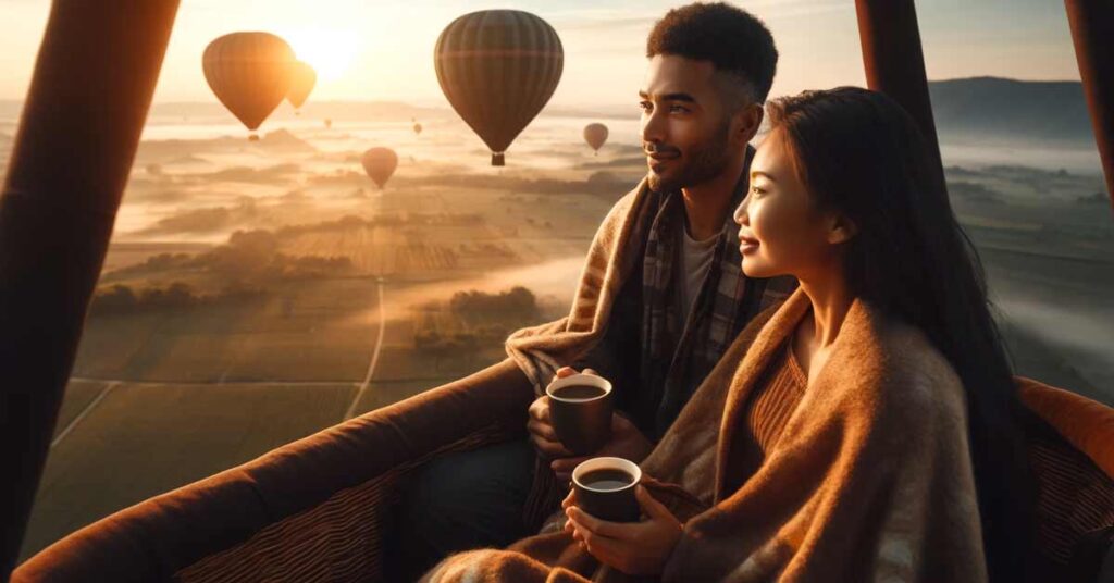 Memorable Third Date Moments : Couple enjoying a scenic hot air balloon ride at sunrise | Luxury Valentine's Day