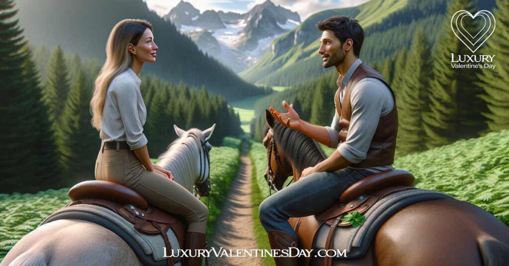 More Questions to As a Woman on a First Date : Couple horseback riding through a scenic mountain trail. | Luxury Valentine's Day
