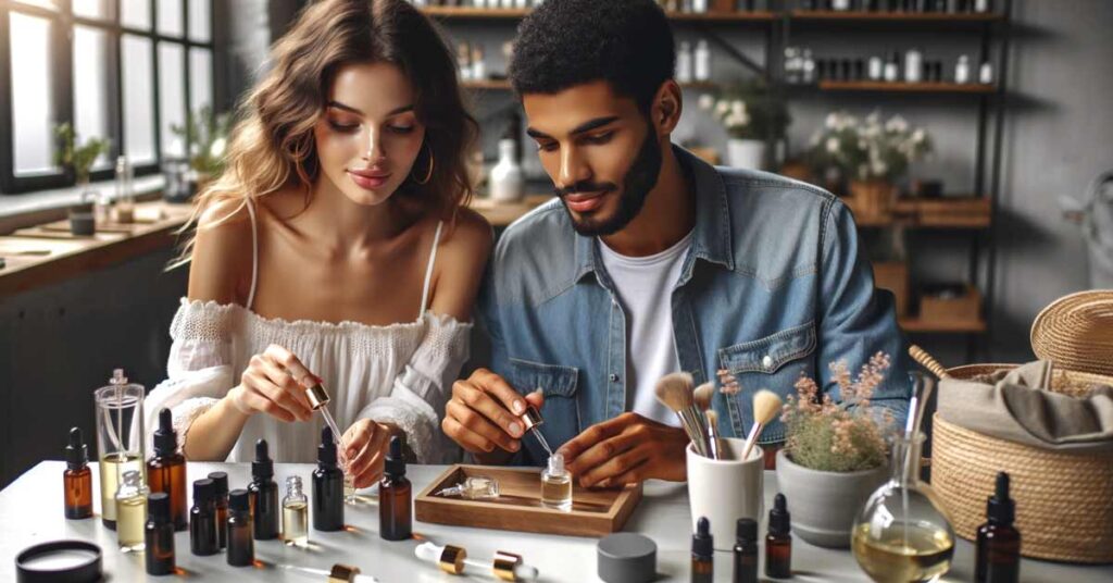 Out of the Box Third Date Suggestions : Couple participating in a make-your-own perfume workshop | Luxury Valentine's Day