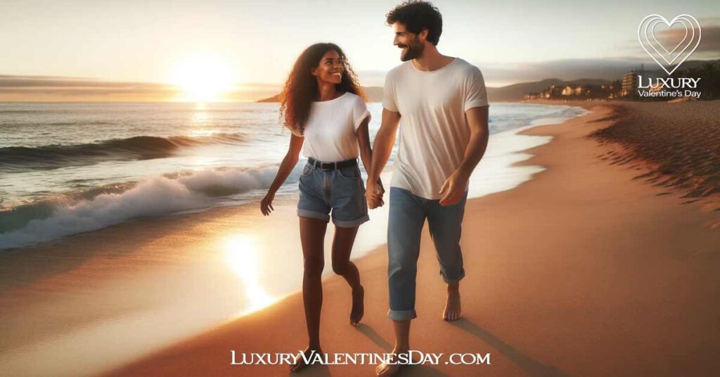 Perfect Second Date : Mixed race couple walking on the beach at sunset| Luxury Valentine's Day