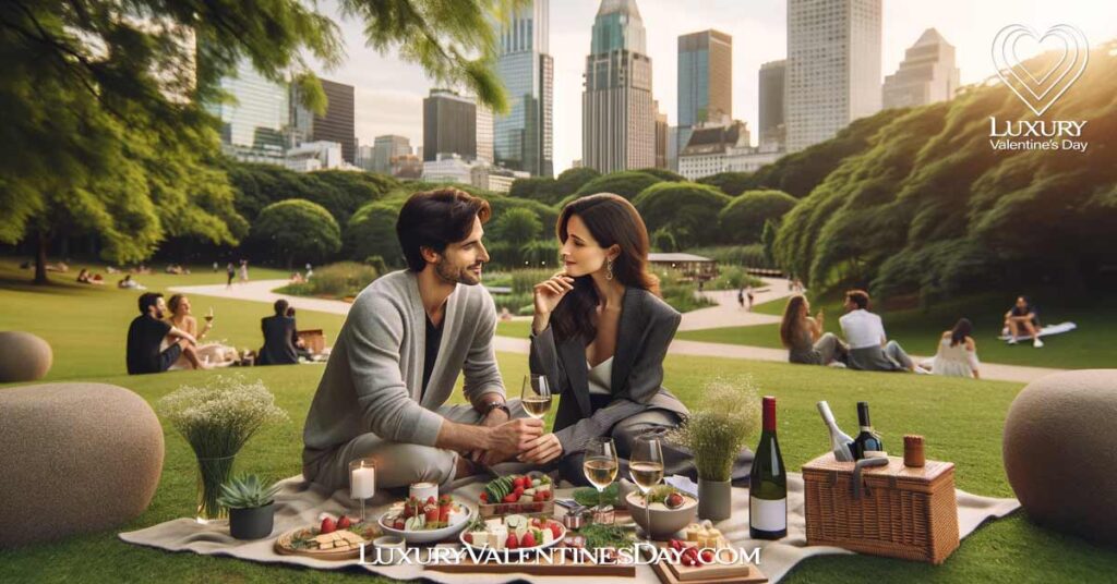 Picnic Second Date Ideas : A couple haivng a picnic in a park in the middle of a city | Luxury Valentine's Day
