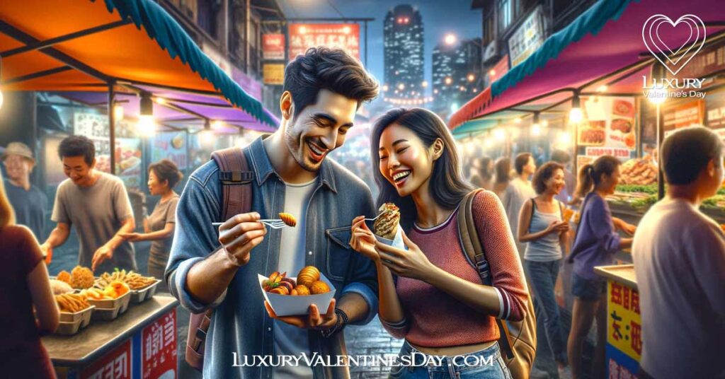 Random First Date Questions : Couple on a nighttime urban food adventure. | Luxury Valentine's Day