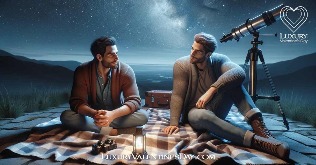 Romantic Questions to Ask on a First Date : Male couple enjoying a romantic stargazing night. | Luxury Valentine's Day