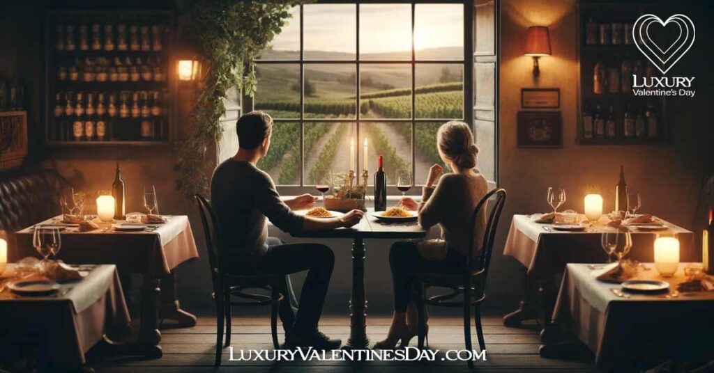 Second Date Dinner Ideas : Couple enjoying a romantic dinner at a rustic Italian restaurant | Luxury Valentine's Day