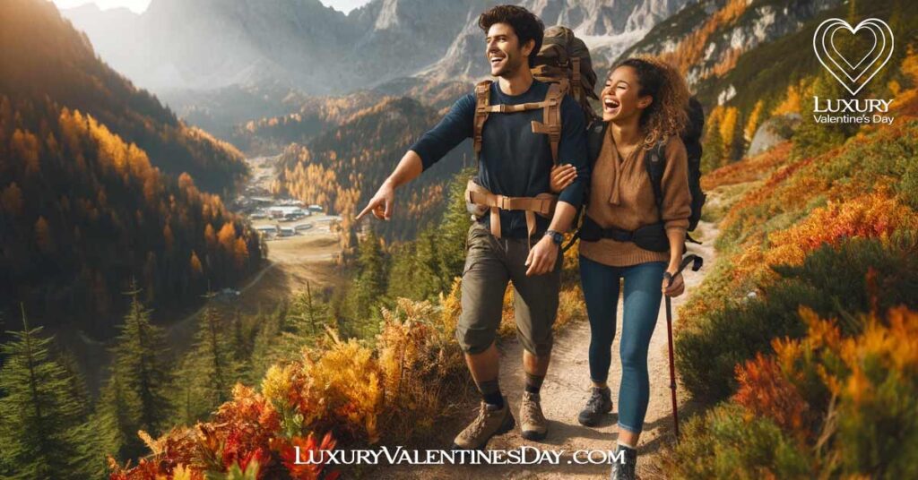Second Date Ideas Outdoors : Mixed race couple hiking in a mountainous area during autumn | Luxury Valentine's Day