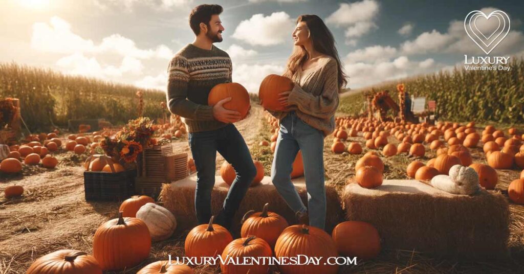 Second Date Ideas for Fall Autumn : Couple selecting pumpkins at a pumpkin patch | Luxury Valentine's Day