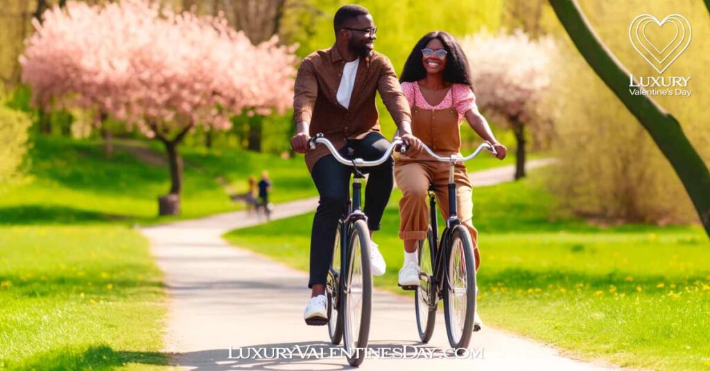 Second Date Ideas for Spring : Black couple enjoying a leisurely bike ride through a lush spring park | Luxury Valentine's Day