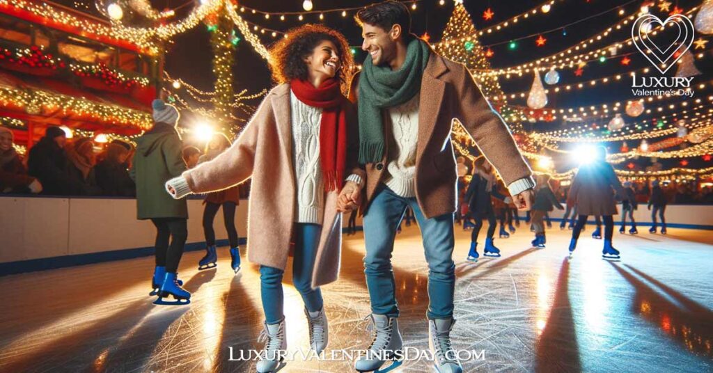 Second Date Ideas in Winter : Mixed race couple enjoying evening ice skating at a festive outdoor rink | Luxury Valentine's Day