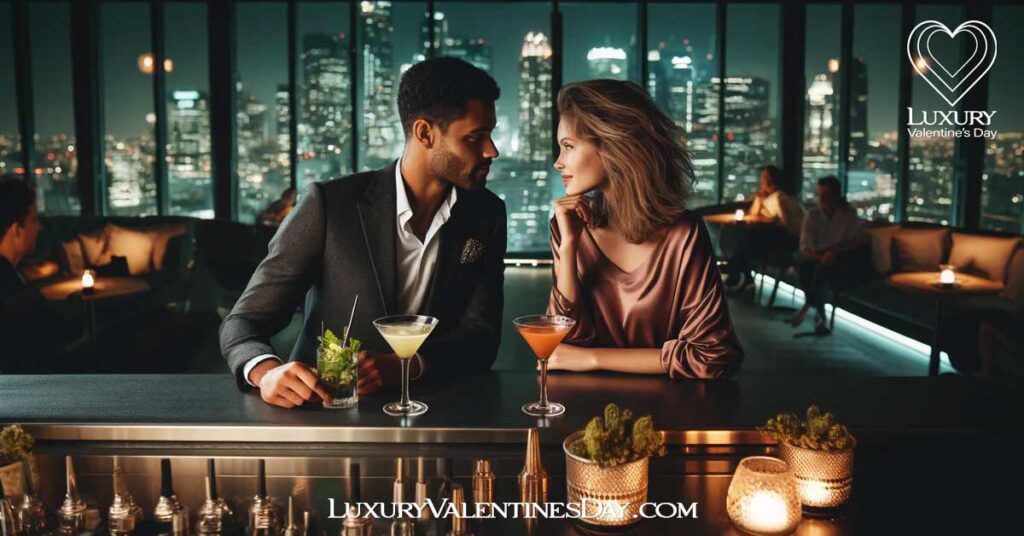 Second Date Night and Evening Ideas : Mixed race couple having a romantic evening at a rooftop bar | Luxury Valentine's Day