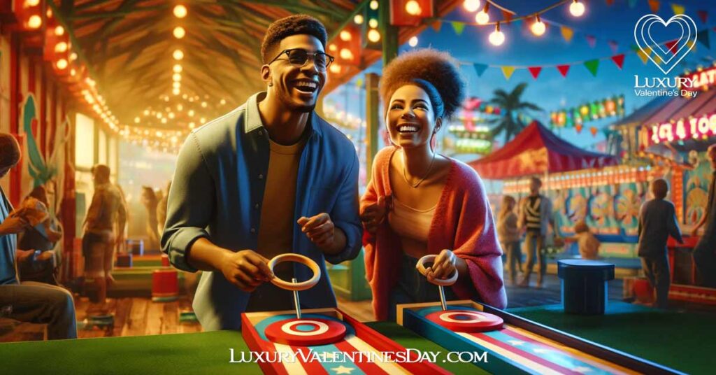 Silly First Date Questions : Couple playing ring toss at an amusement park. | Luxury Valentine's Day