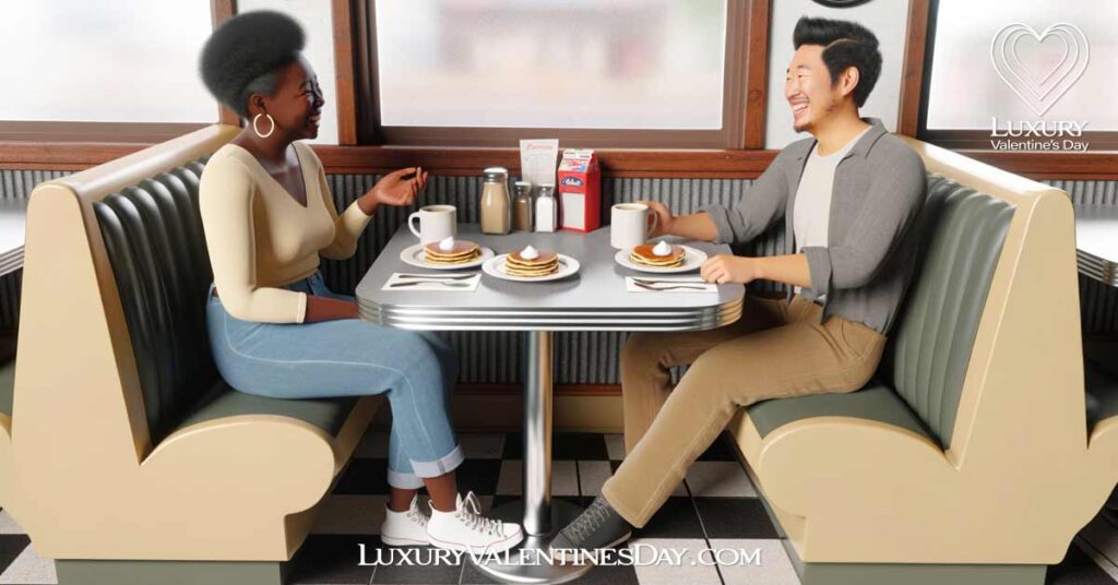 Simple Third Date Ideas : Couple enjoying a simple breakfast date at a quaint diner| Luxury Valentine's Day
