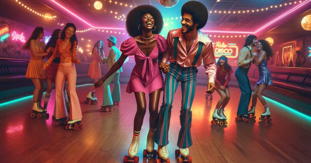 Themed Third Date Ideas : Couple dressed in 70s attire at a retro roller disco night | Luxury Valentine's Day