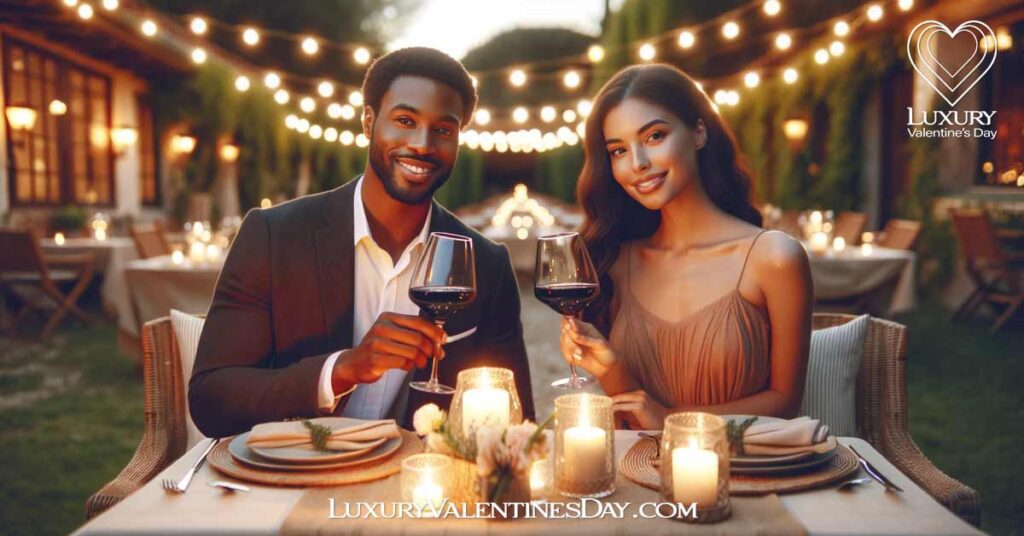 Third Date Ideas : Mixed-race couple enjoying a romantic dinner outdoors | Luxury Valentine's Day