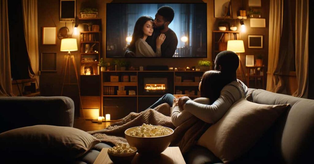 Third Date Ideas at Home : Couple enjoying a movie night at home | Luxury Valentine's Day