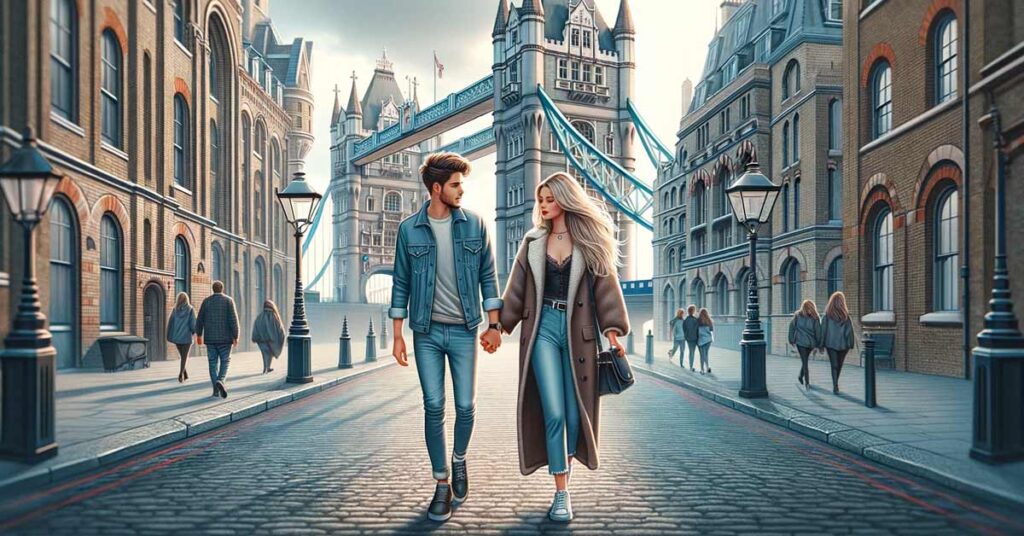 Third Date Ideas by City : Couple exploring the historic streets of London near the Tower Bridge | Luxury Valentine's Day