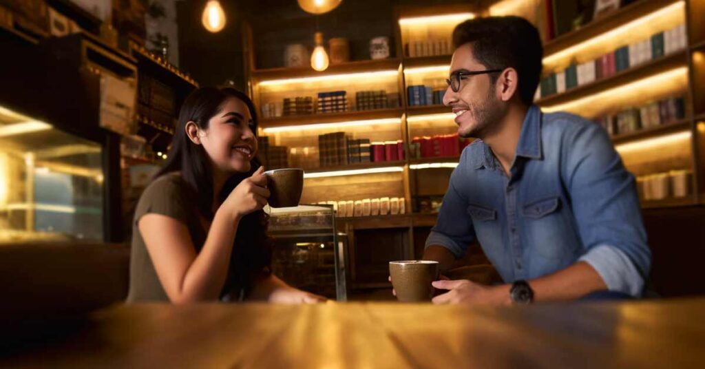 Third Date Meaning: Couple engaged in deep conversation in a cozy coffee shop | Luxury Valentine's Day