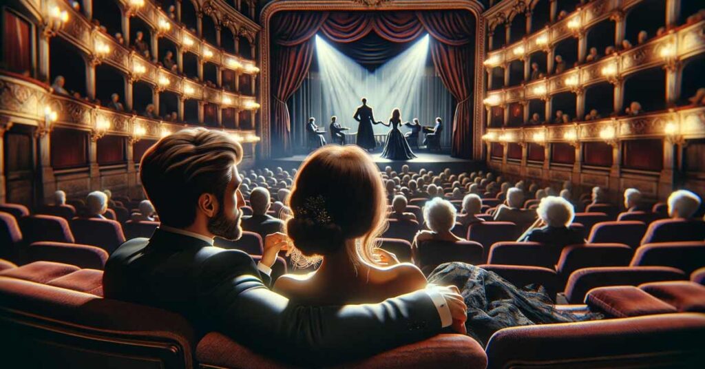 Third Date Night Ideas : Couple watching a live theater performance, engaged in the drama | Luxury Valentine's Day
