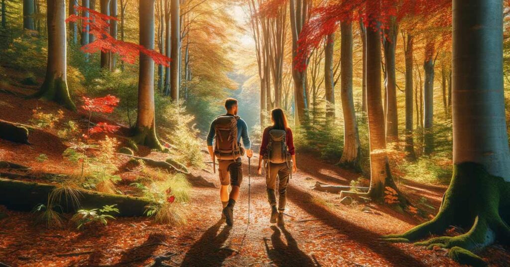 Third Date Suggestions in Fall and Autumn : Couple enjoying a hike through a colorful autumn forest | Luxury Valentine's Day