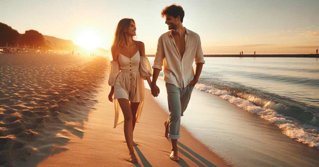 Third Date Suggestions in Summer : Couple enjoying a sunset beach walk during summer | Luxury Valentine's Day