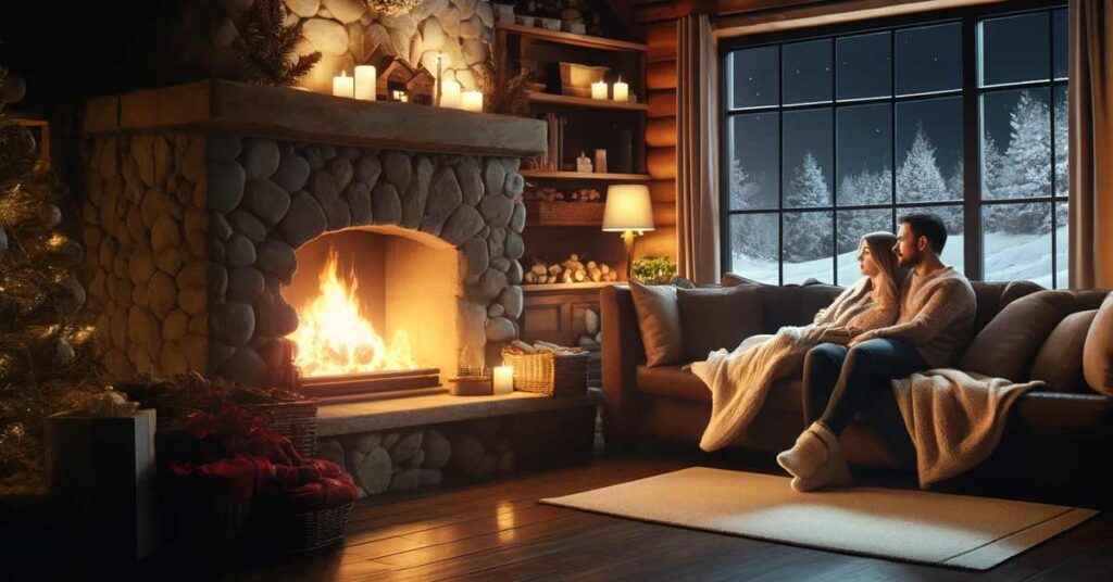 Third Date Suggestions in Winter : Couple enjoying a cozy night by the fireplace in a cabin during winter| Luxury Valentine's Day