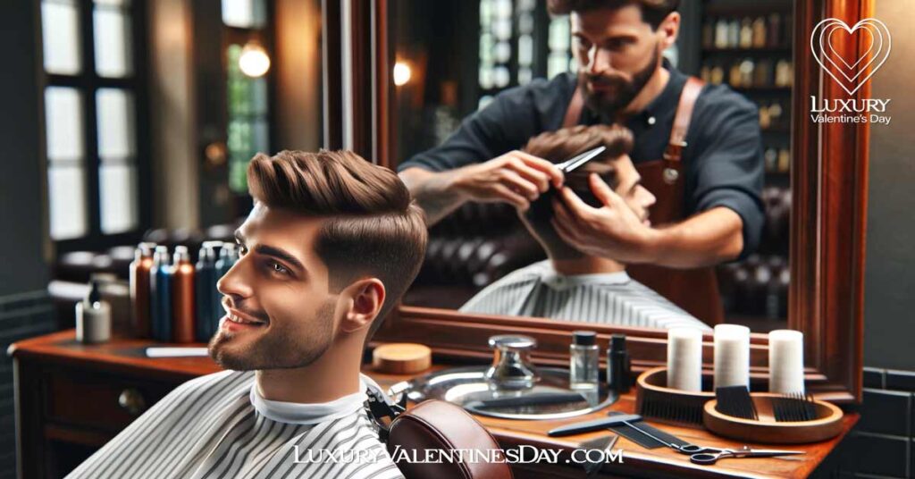 1st Date Tips For Men Grooming Tip : A man at a barbershop getting a fresh haircut, smiling and looking at himself in the mirror. | Luxury Valentine's Day