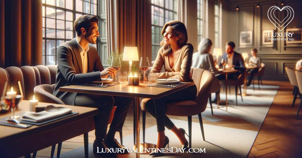 1st Date Tips for Guys Pick the Perfect Spot : Couple on a first date at a cozy, upscale restaurant. | Luxury Valentine's Day