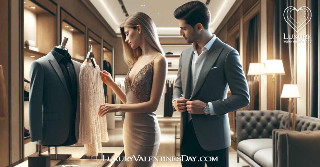 Choosing the Right First Date Outfit : Sophisticated boutique scene with man and woman choosing first date outfits | Luxury Valentine's Day