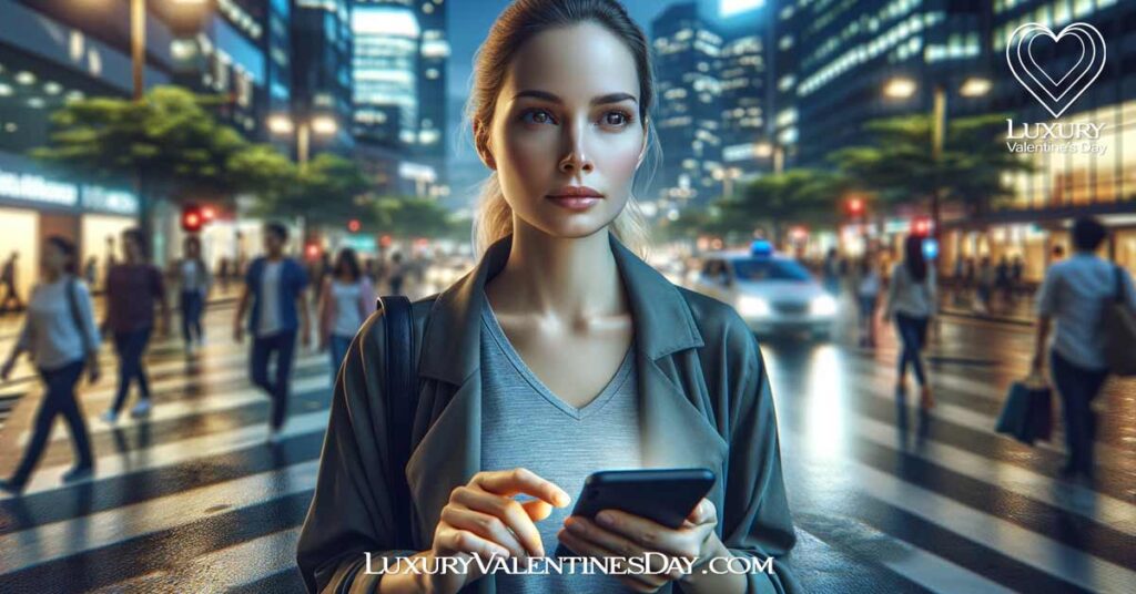 Dating Safety Tips for Women : Woman walking through a busy urban area in the evening, using a navigation app on her phone. | Luxury Valentine's Day